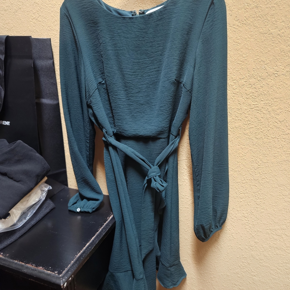 Blue Ribbed Tie Front Long Sleeve Dress